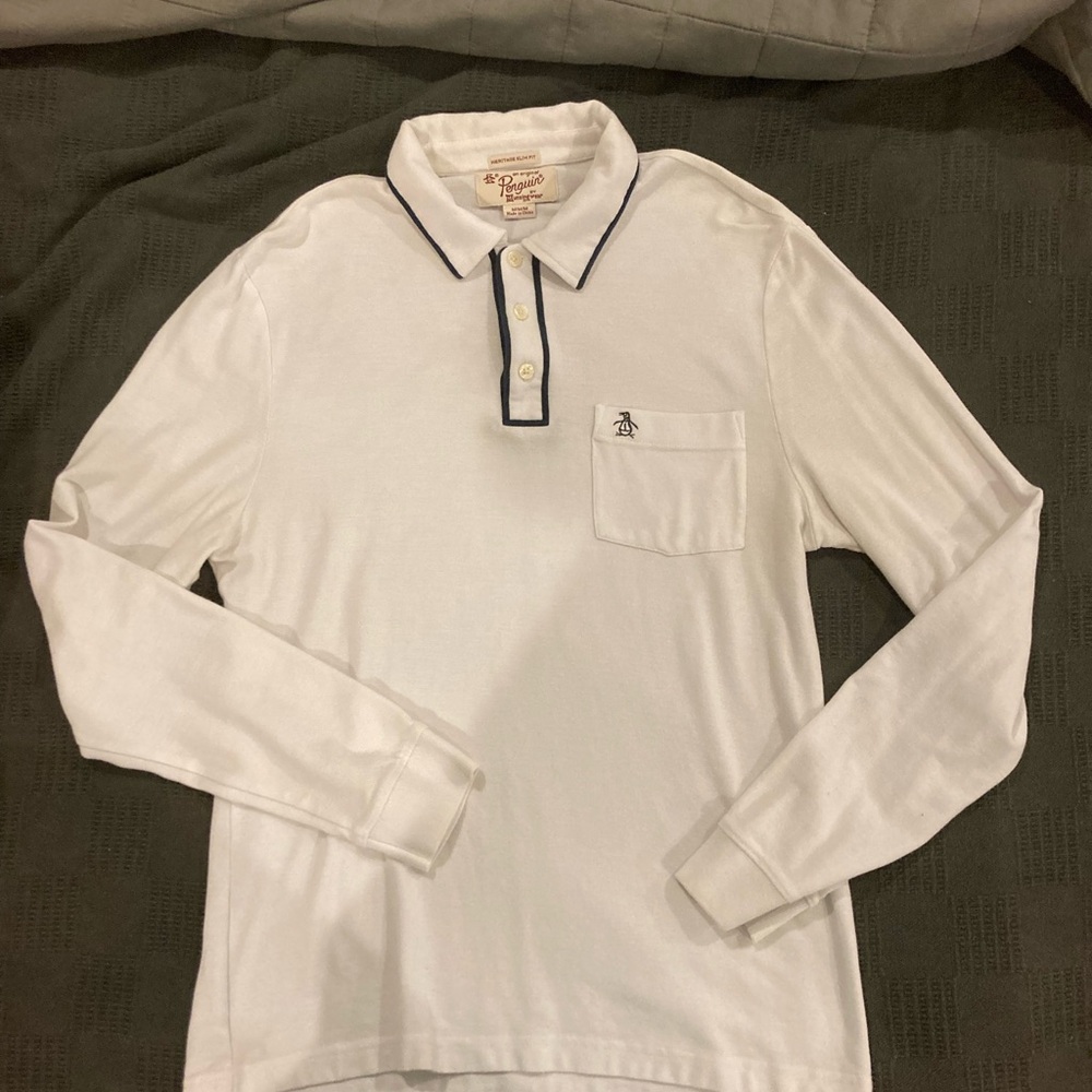 Original Penguin White Polo with Navy Accents, M Slim